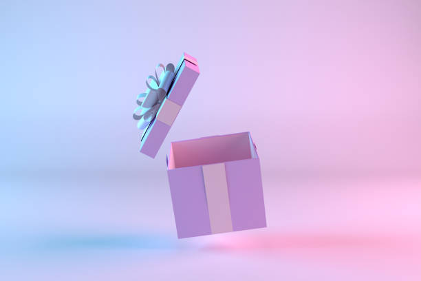 open gift box, minimal 3d design on color gradient background - gift imagens e fotografias de stock