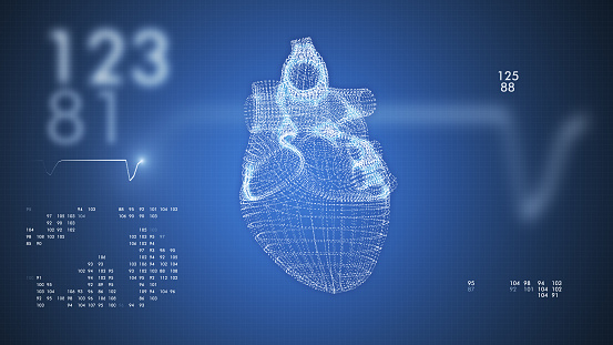 Human heart futuristic medical hologram 3d illustration. Heart model screening virtial reality interface.