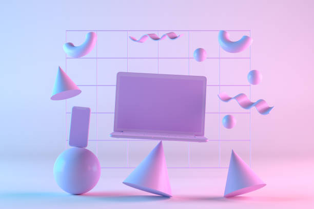 istock Blank screen laptop with Flying Geometric Shapes 1271280103
