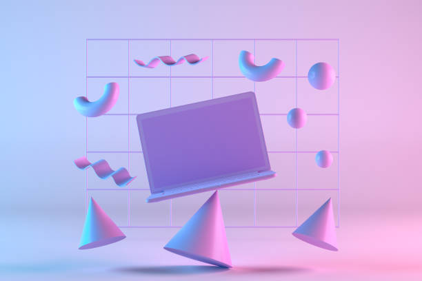 istock Blank screen laptop with Flying Geometric Shapes 1271280242