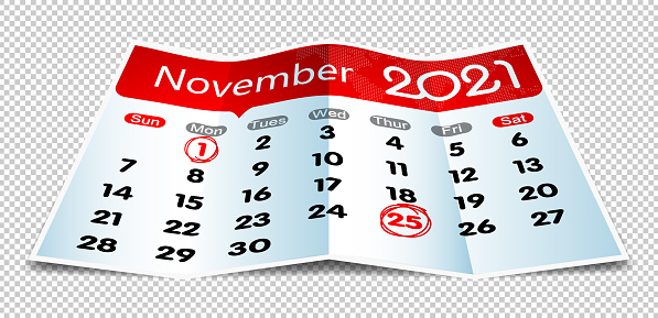Vector November 2021 calendar on folded paper isolated