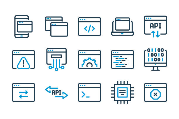 App development and Computing related line icons. App development and Computing related line icons. Web Develop and Coding related icons. Vector illustration. application icon stock illustrations