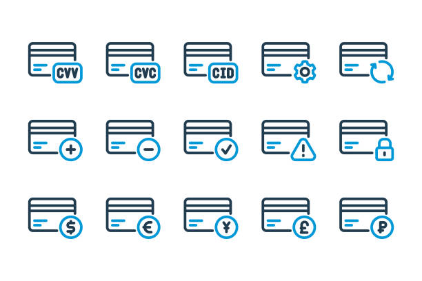 ilustraciones, imágenes clip art, dibujos animados e iconos de stock de acciones de tarjeta de crédito y conjunto de iconos de línea de notificaciones. - euro symbol currency internet computer keyboard