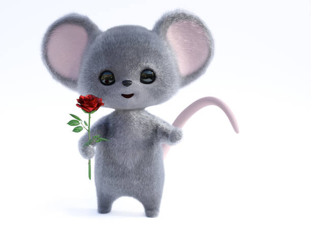 istock 3D rendering of a cute smiling mouse holding rose. 1271282260