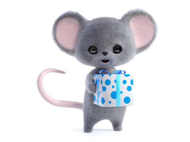 istock 3D rendering of a cute smiling mouse holding gift. 1271282267