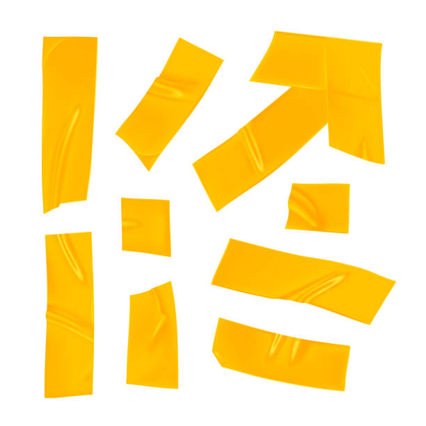 istock Yellow duct tape set. Realistic yellow adhesive tape pieces for fixing isolated on white background. Arrow and paper glued. Realistic 3d vector illustration 1271282293