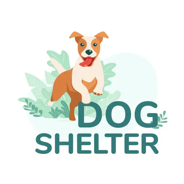 Vector illustration of Cheerful healthy joyful dog is jumping through the inscription dog shelter. Logo, concept, template for pet shop, services, veterinary clinic, training, hotel. Vector illustration