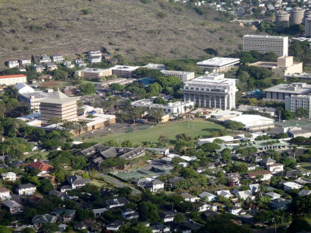 Aerial view of Landmark Mid Pacific institute Honolulu - August 29, 2010: Aerial view of Landmark Mid Pacific institute, University of Hawaii, and surround neighborhood in Manoa in Honolulu, Hawaii. major us cities stock pictures, royalty-free photos & images