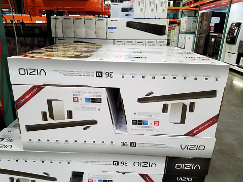 Honolulu - August 18, 2017: Vizio and Bose Soundbar and Subwolfer with Cromecast built-in for sale inside of Costco warehouse.