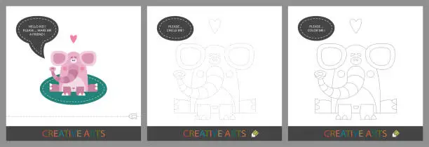 Vector illustration of Fun Lessons for Kids - DIY. Set of cards for children's creativity. Original funny elefant, character template for connecting by dots and silhouette for coloring - Vector