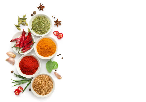 istock Top view of various spices in bowls isolated on white background. Copy space. 1271283988