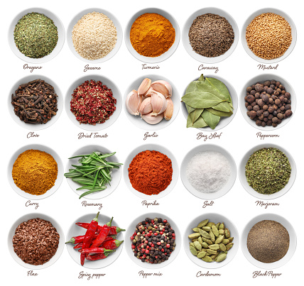 Collage of various spices and herbs in bowls isolated on white background. Top view.