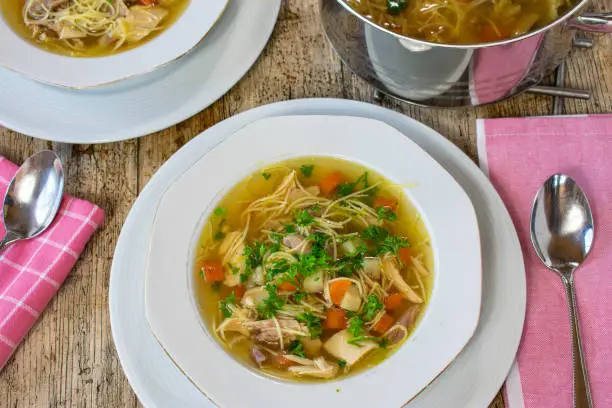 fresh and homemade chicken soup with noodles and vegetables served on a white plate on a wooden table with soup pot and ladle - ready to eat