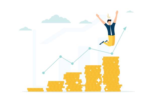 istock Profitable investment, funding flat vector illustration. Stock market income. Successful businessman standing on coins stack. Millionaire banker, financier cartoon character. Diagram, graph growth 1271284893