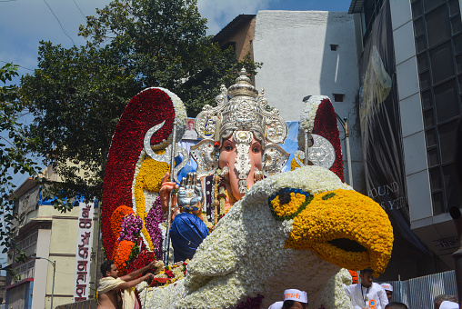 Pune, India - September 4, 2017: Tulsi baug ganpati idol decoration during ganpati visarjan festival. Festival celebration in pune.