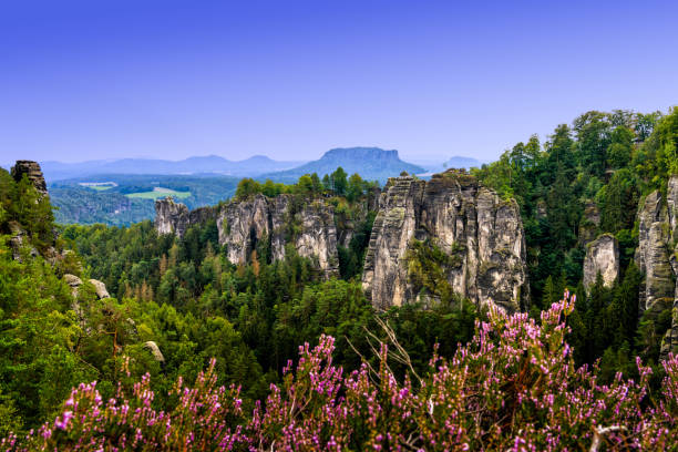 Saxon Switzerland landscape un Germany with its sandstone cliffs and mountains Saxon Switzerland landscape un Germany with its sandstone cliffs and mountains at dusk erzgebirge stock pictures, royalty-free photos & images