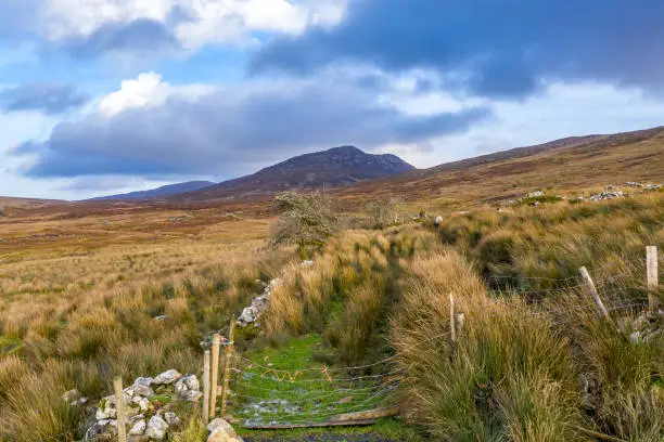 Aerial view of the bluestack mountains viewing towards Carnaween in Donegal - Ireland.