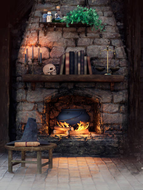 old fireplace with a witch`s hat - witchs imagens e fotografias de stock