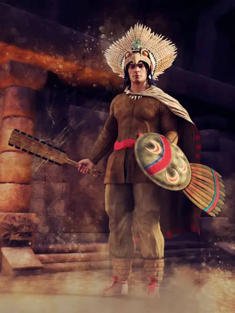 Fantasy Aztec warrior standing with his weapons in an old abandoned temple. 3D render.