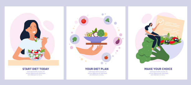 Vegetarian concept with healthy fresh diet Vegetarian concept with healthy fresh diet showing a woman eating salad, bowl of greens and making a choice. Vector illustration healthy eating stock illustrations