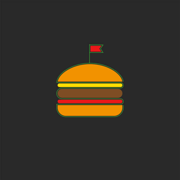 burger logo fastfood symbol w minimalistycznym stylu, sylwetka hamburgera z czerwoną flagą kok, kotlet, warstwa sera i ketchupu - food elegance cutlet restaurant stock illustrations
