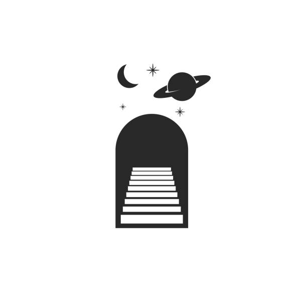 ilustraciones, imágenes clip art, dibujos animados e iconos de stock de puerta del logotipo de la astrología con escaleras, luna, planeta saturno y estrellas como un símbolo de magia astrológica estilo minimalista blanco y negro, escaleras que suentras se sume hasta el infinito - escalera hacia el cielo