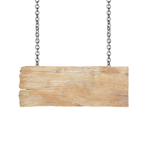 istock Wooden sign hanging on a chain isolated on white 1271295717