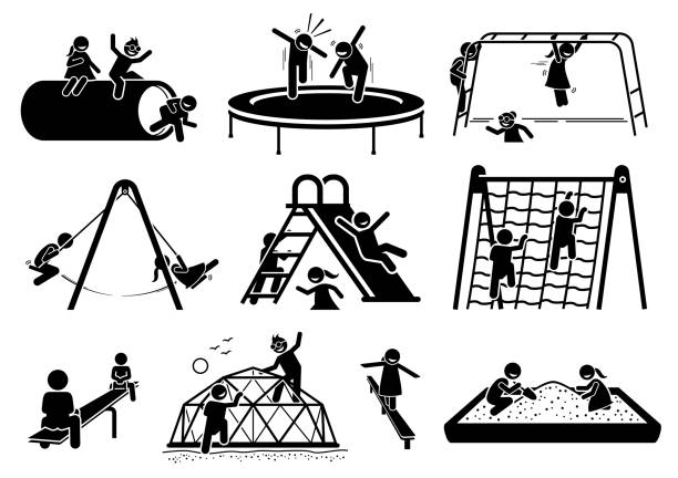 Active children playing at playground stick figures icons cliparts. Vector illustrations of kids playing trampoline, monkey bar, swing, slide, climbing net, seesaw, tunnel, and sand box. jungle gym stock illustrations