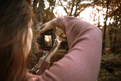 A rear view of a young woman taking a picture with a modern DSLR camera