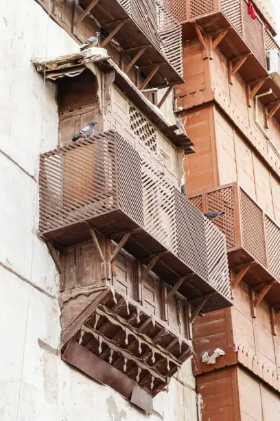 Photo of historic wooden building in the UNESCO historic center called Al-Balad