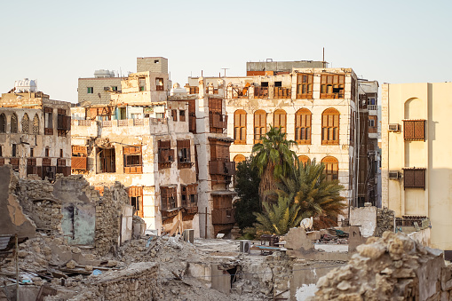 Collapsed and dilapidated historic wooden building in the UNESCO historic center called Al-Balad, Jeddah, Saudi Arabia