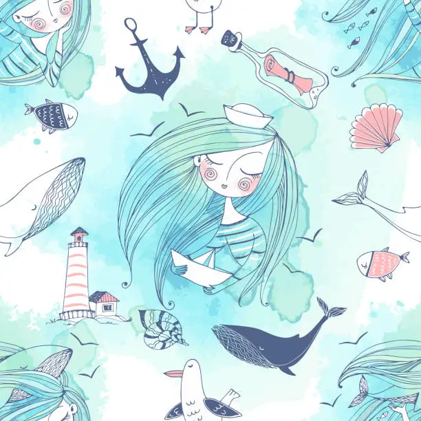 Vector illustration of Seamless pattern on the sea theme with cute girls, whales and seagulls in a cute Doodle style with watercolors. Vector