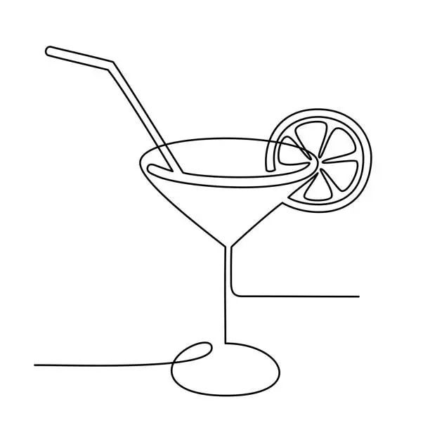 Vector illustration of Continuous line drawing. Wineglass with cocktail and lemon.