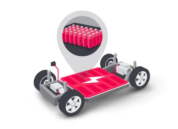 Vector illustration of Electric car platform board scheme with battery pack cells inside underbody chassis module pack.