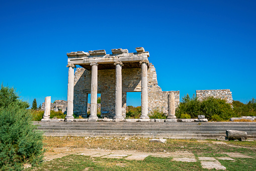 Miletus, was an ancient Greek city on the western of Anatolia, near the Maeander River in ancient Caria. Its ruins are located near  Balat in Aydın Province,