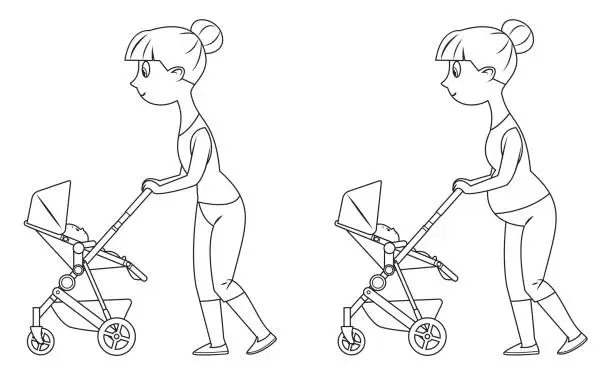 Vector illustration of Black And White, Young female walking with a stroller. Modern parenthood. Baby carriage. Pram