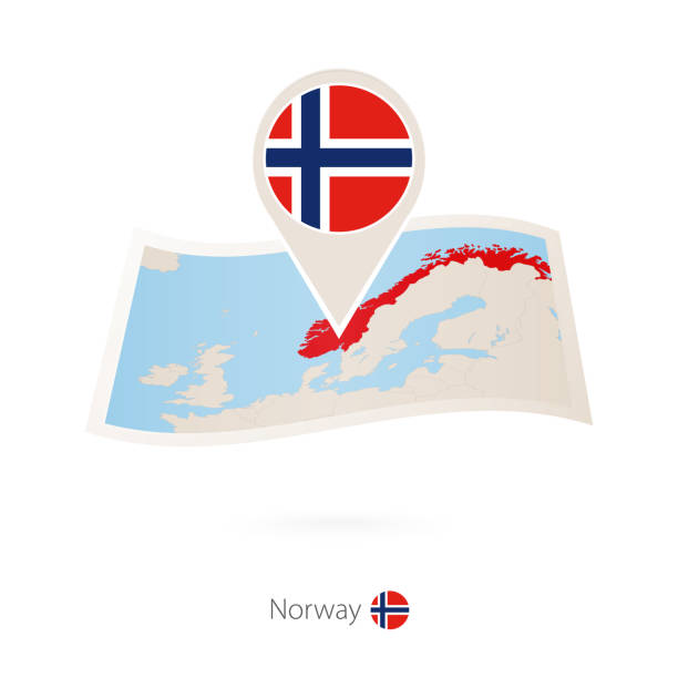 istock Folded paper map of Norway with flag pin of Norway. 1271307236