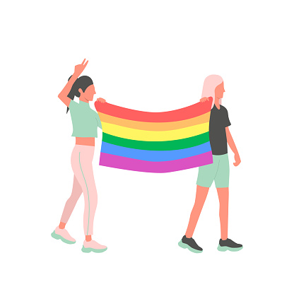 LGBTの権利のための街頭デモでLGBTフラグを持つ2人のレズビアン活動家。ベクターの図。フラット - イラスト素材...