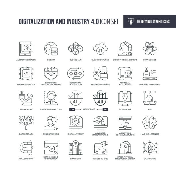 Digitalization and Industry 4.0 Editable Stroke Line Icons 29 Digitalization and Industry 4.0 Icons - Editable Stroke - Easy to edit and customize - You can easily customize the stroke with blockchain icons stock illustrations