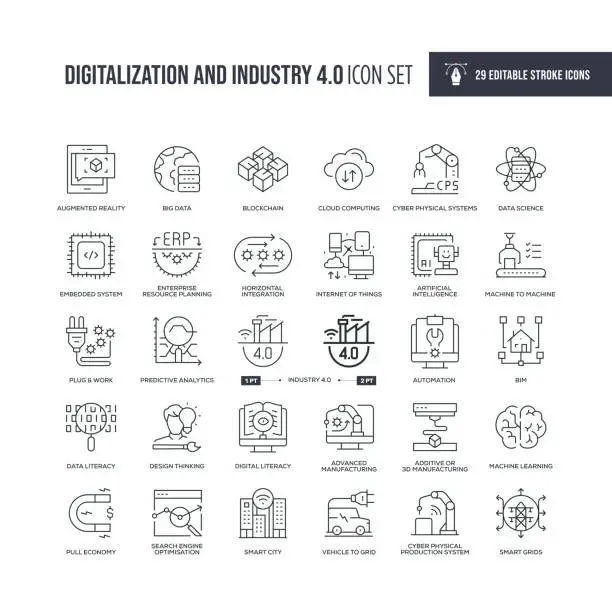 Vector illustration of Digitalization and Industry 4.0 Editable Stroke Line Icons
