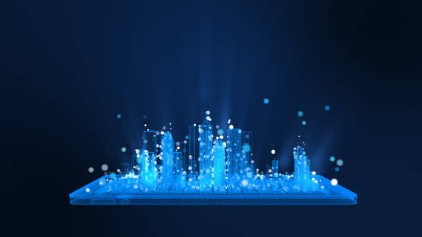 istock 3D Rendering, bright digital tablet and city wireframe in bright blue and white colors particles. 1271307982