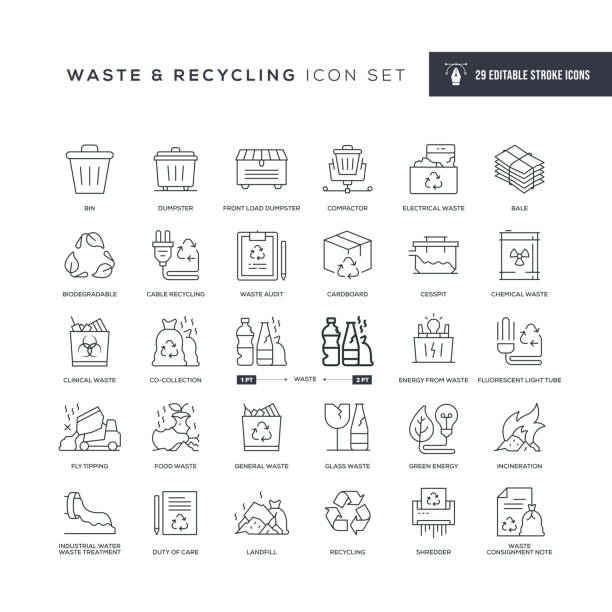ilustrações, clipart, desenhos animados e ícones de ícones da linha de traçado editável de resíduos e reciclagem - lata recipiente