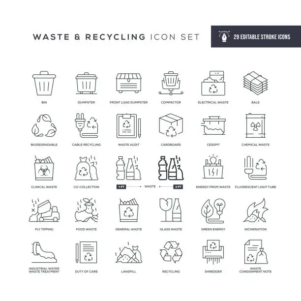 Vector illustration of Waste and Recycling Editable Stroke Line Icons