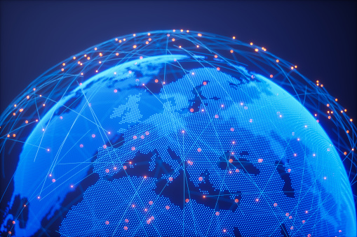 3d rendering of world map and stock market data on blue background