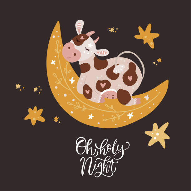 Christmas cute cartoon cow. Christmas cute cartoon cow vector illustration with hand drawn lettering - Oh holy night. Animal sleeping on the moon card with winter decorations. New Year 2021. sleeping cow stock illustrations
