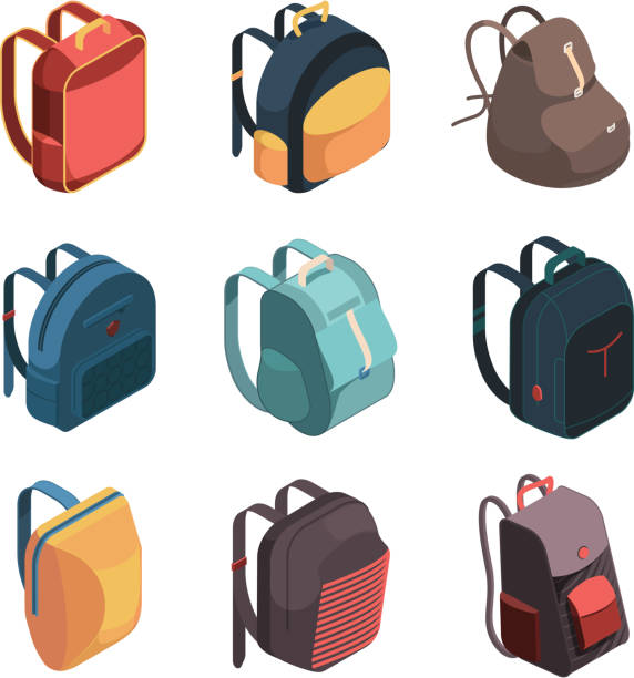 Travel bag pack. Isometric baggage colorful school bags vector illustrations Travel bag pack. Isometric baggage colorful school bags vector illustration. Travel luggage, bag and pack, baggage adventure and schoolbag satchel bag stock illustrations