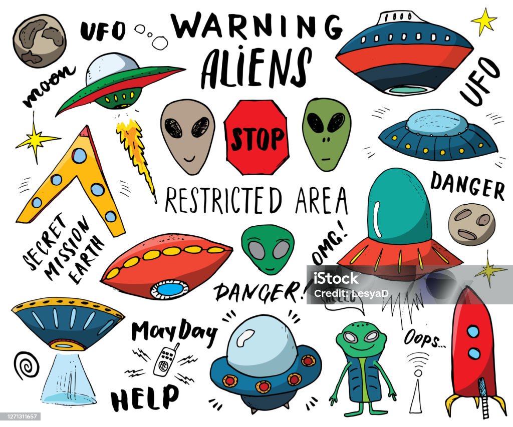 Vetores de Aliens E Ovnis Desenhados À Mão Espaçonaves Alienígenas De  Desenho Animado Fofo Doodles E Ilustração Vetorial De Letras e mais imagens  de Alienígena - iStock
