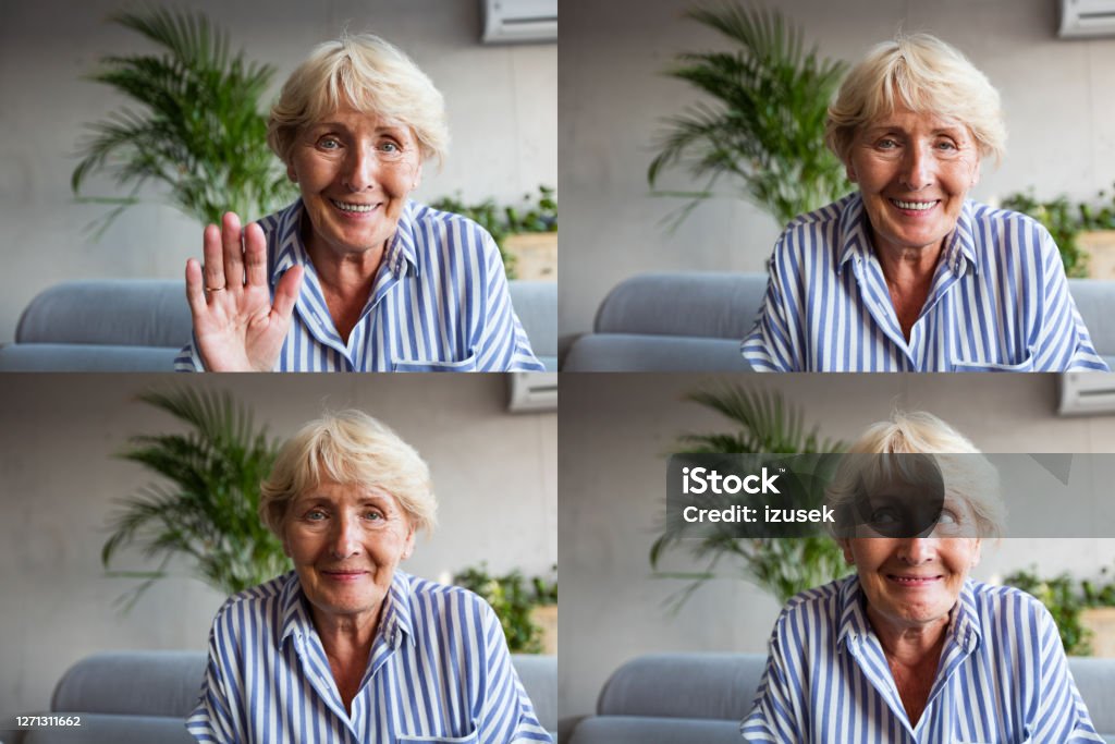 Senior woman during video call Four faces of senior woman having video conference, using laptop. Composite images. Grandmother Stock Photo