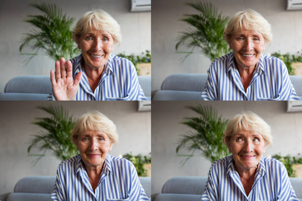 Senior woman during video call Four faces of senior woman having video conference, using laptop. Composite images. grandmother stock pictures, royalty-free photos & images