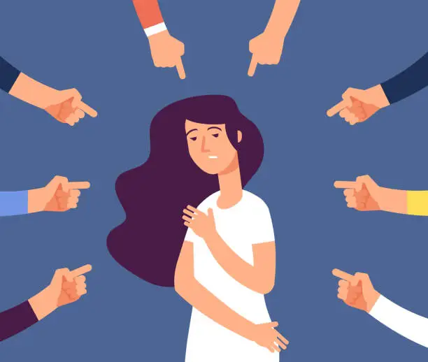 Vector illustration of Victim women. Depressed girl in shame and hands with pointing finger. Guilty, ashamed female and blame in society vector concept